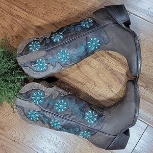 Brown Leather Cowboy Boots with Turquoise Floral Embroidery 6